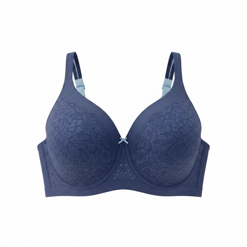 Cacique Cotton Collection Lightly Lined No-Wire Bra Navy Blue 42H Lace Trim